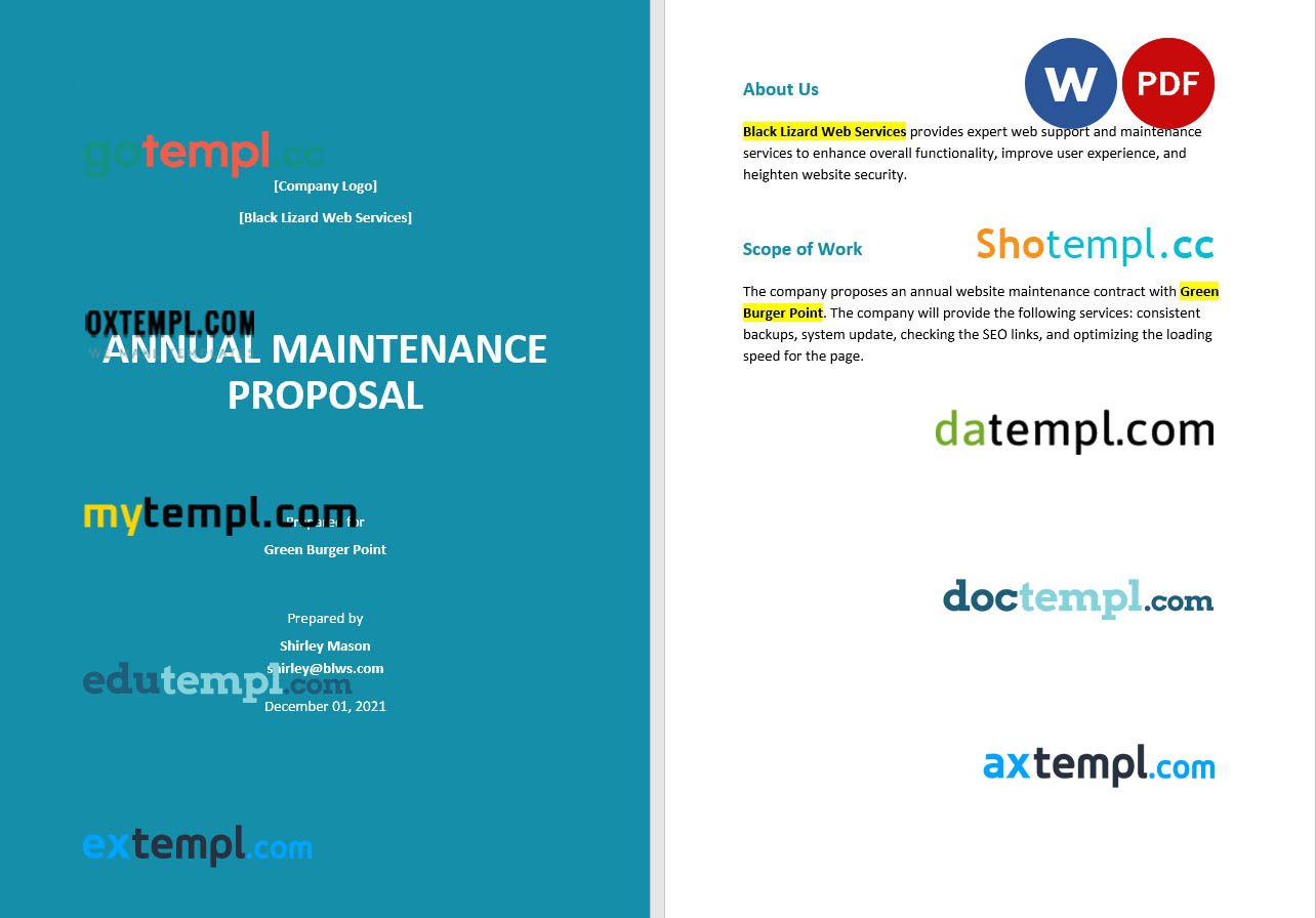 free download annual maintenance contract proposal example in Word and PDF format