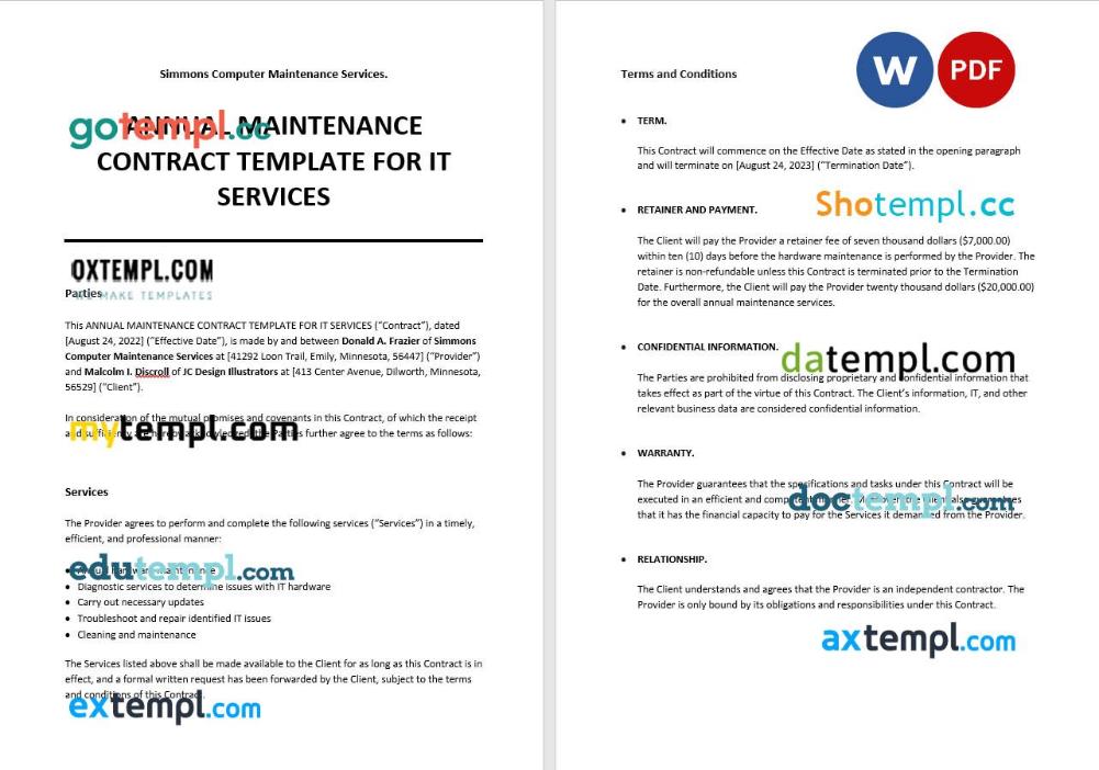 free download annual maintenance contract example for IT services, Word and PDF format