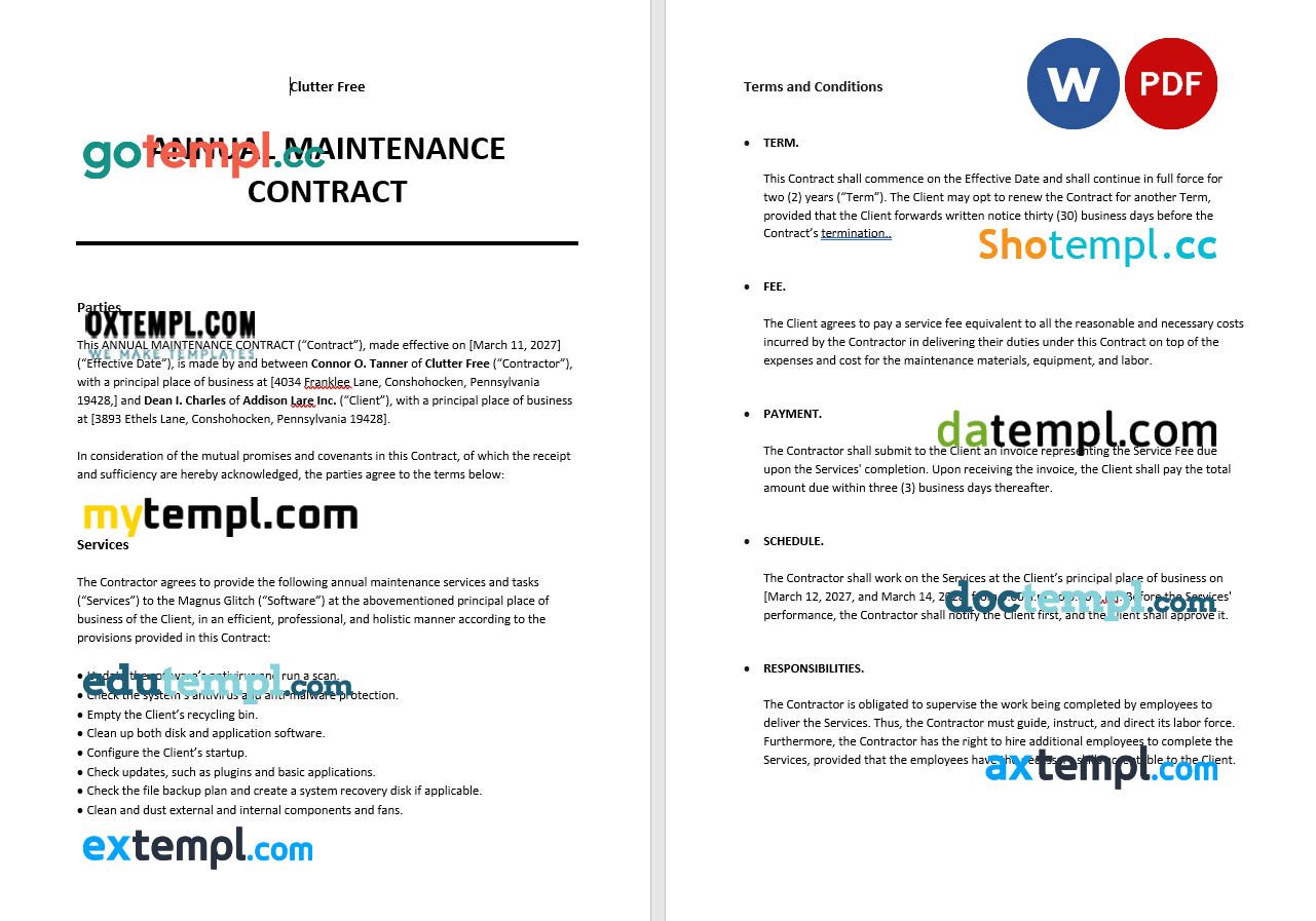 free download annual maintenance contract example, Word and PDF format