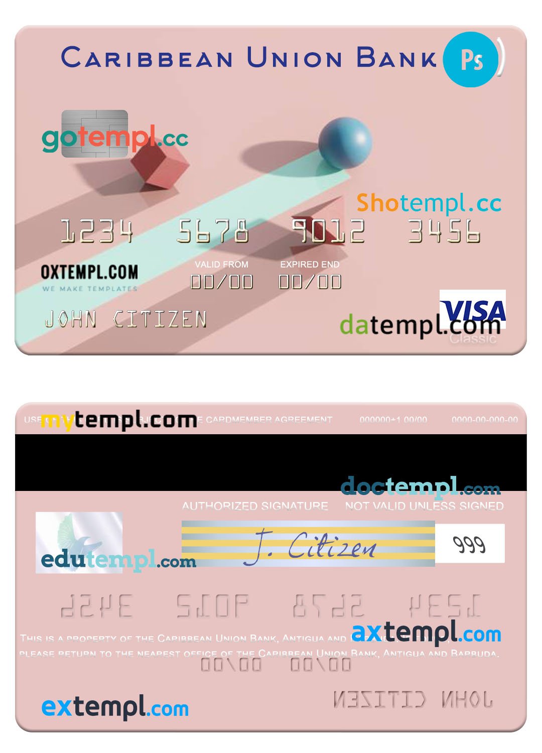 Antigua and Barbuda Caribbean Union Bank visa card template in PSD format