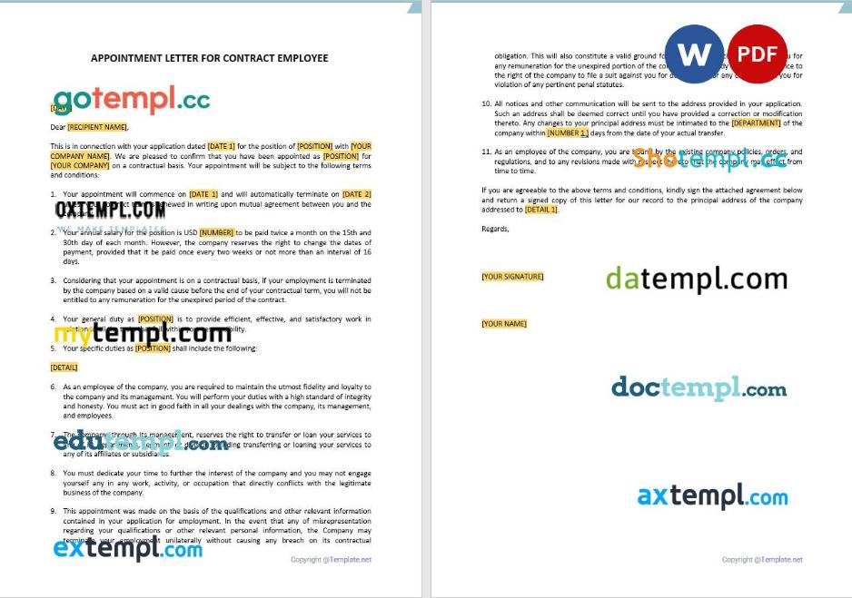 free download appointment letter for contract employee example, Word and PDF format