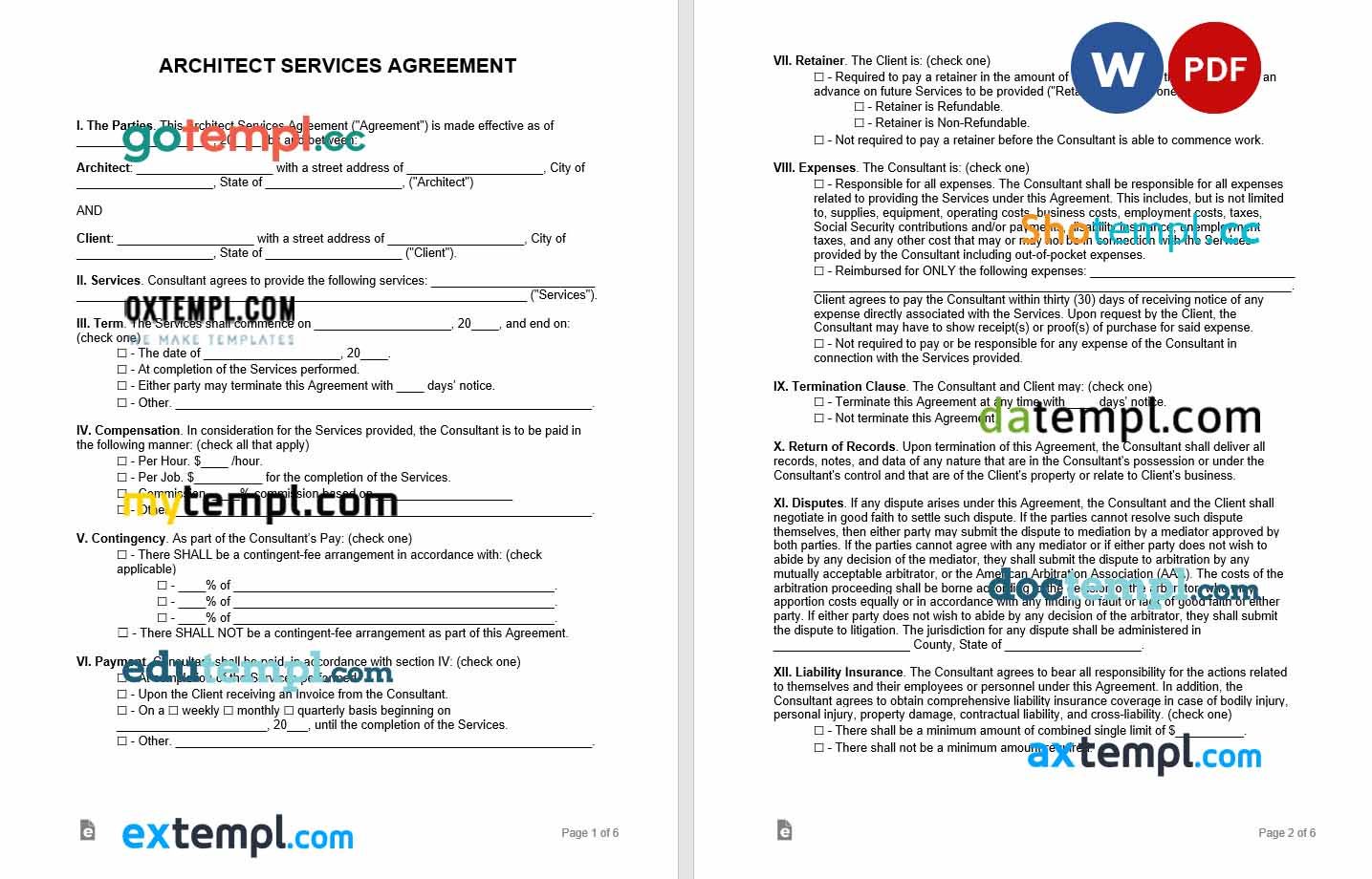 free download architect consultant agreement example, Word and PDF format