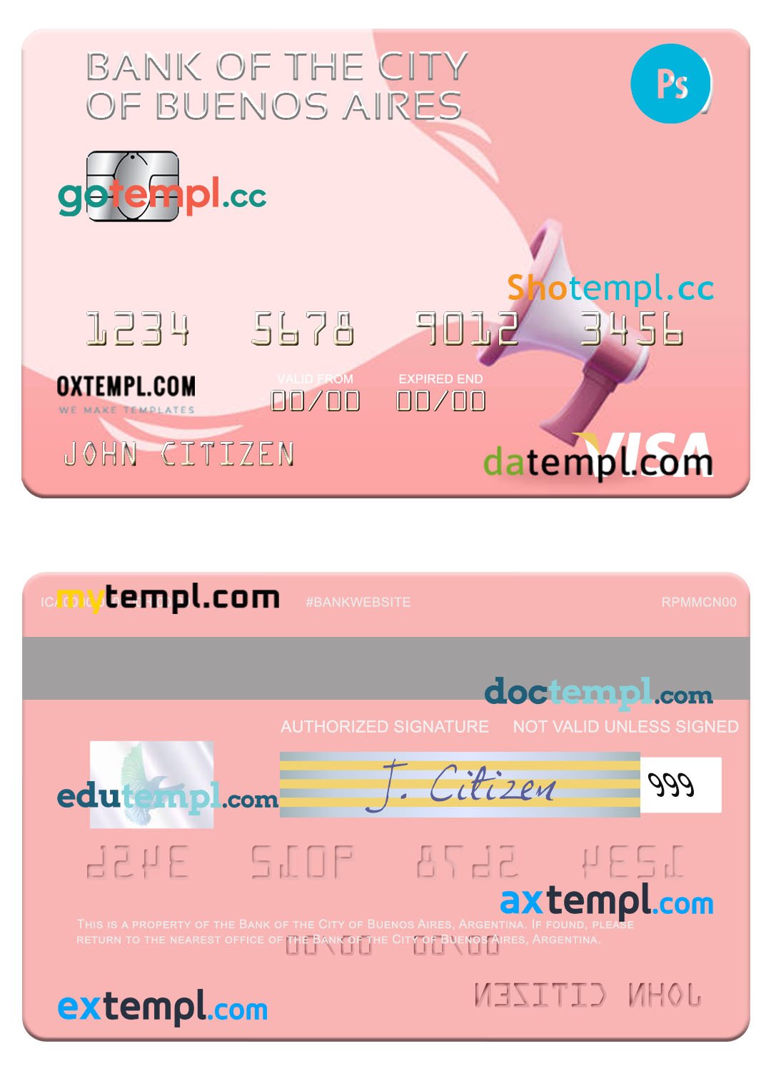 Argentina Bank of the City of Buenos Aires visa card template in PSD format