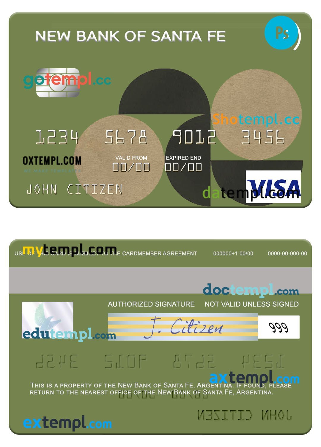 Argentina New Bank of Santa Fe visa card template in PSD format