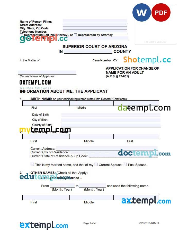 free download arizona application for change of name for an adult example, Word and PDF format