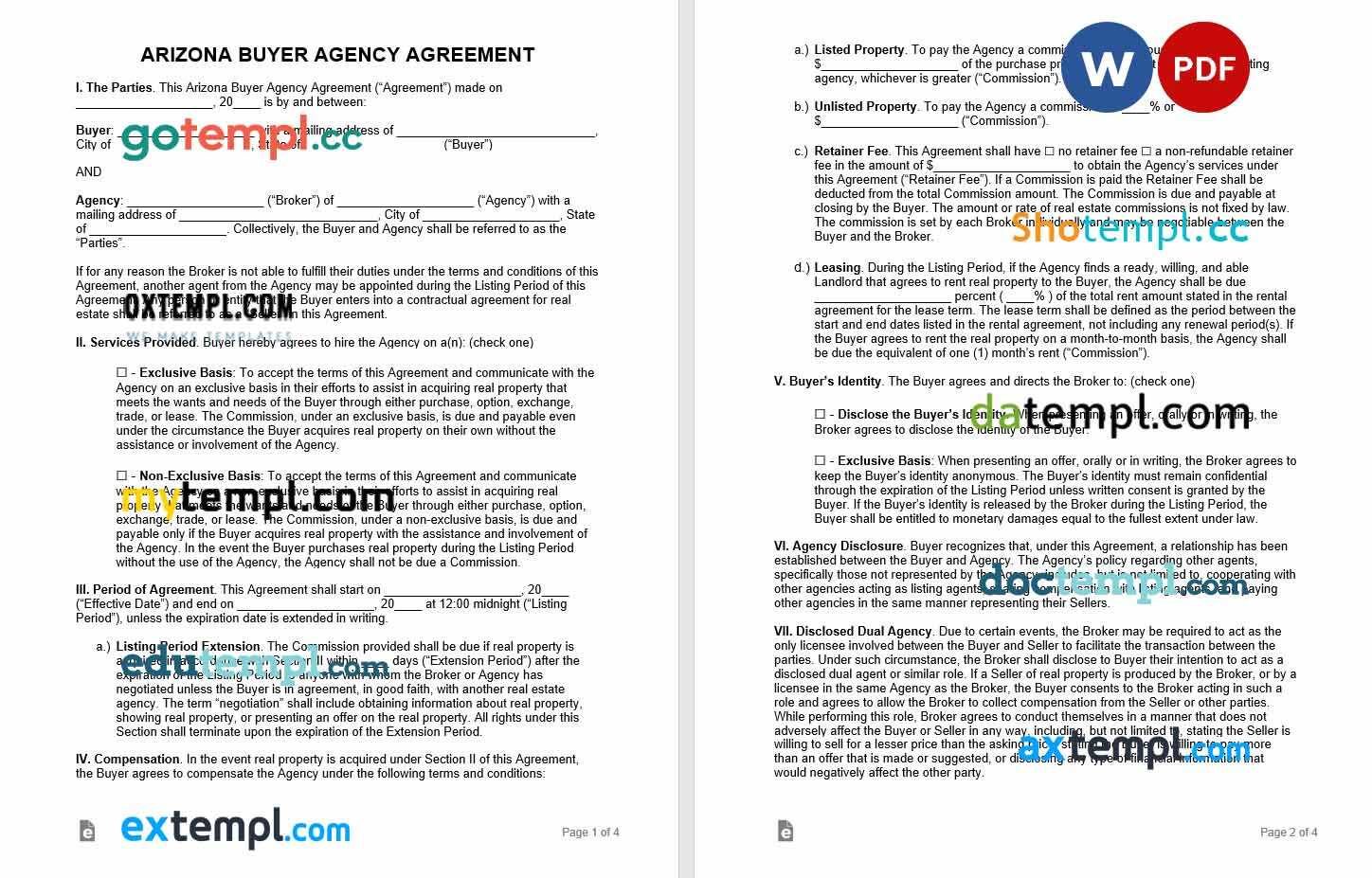 free download arizona buyer agency agreement example, Word and PDF format