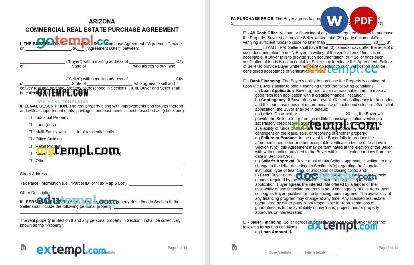 free download arizona commercial real estate purchase agreement example , Word and PDF format