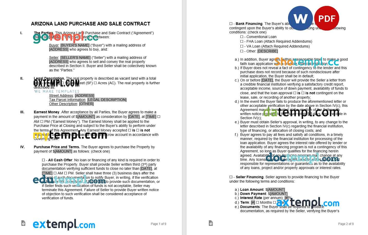 free download arizona land contract example, Word and PDF format