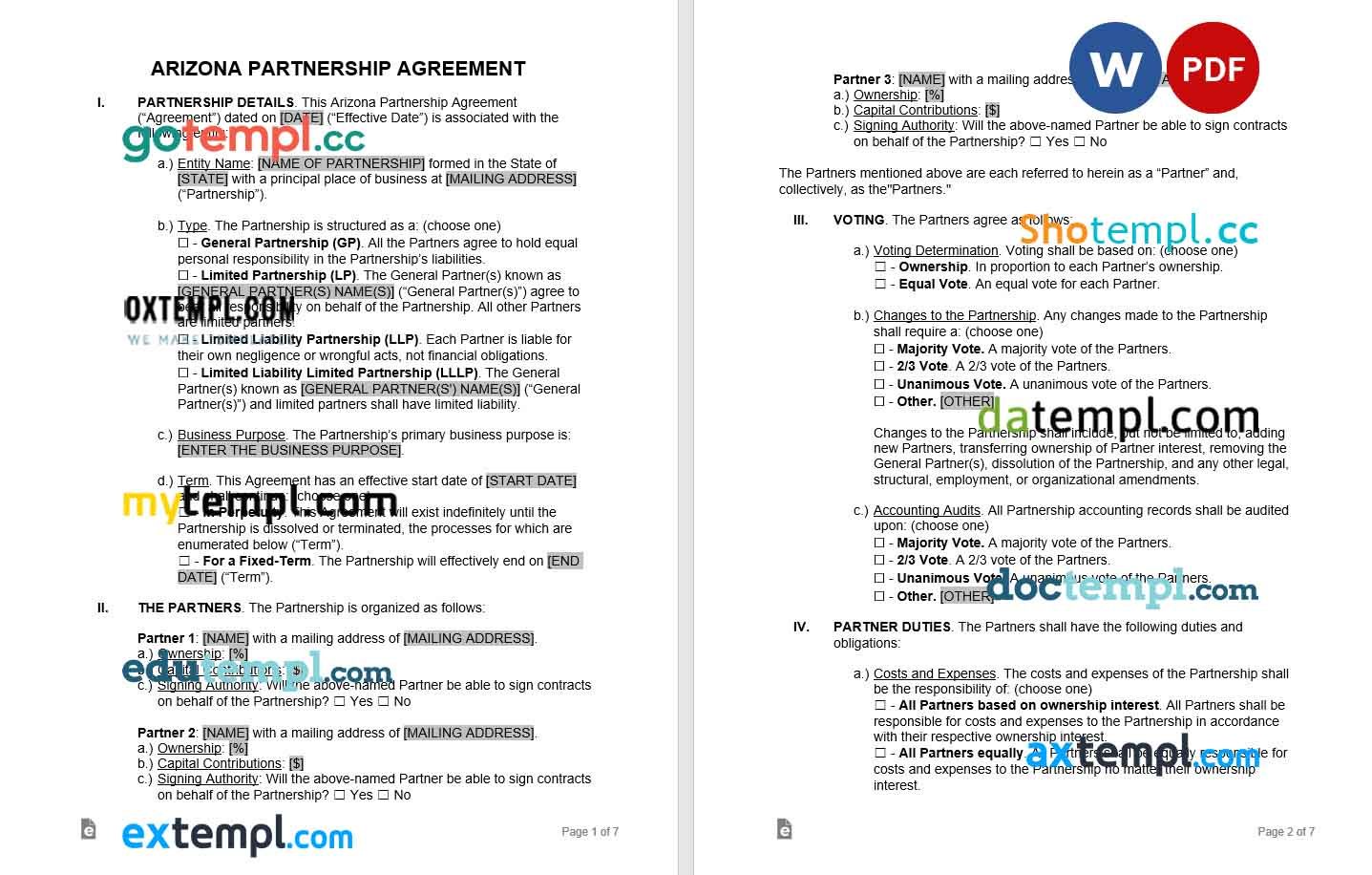 free download arizona partnership agreement example, Word and PDF format