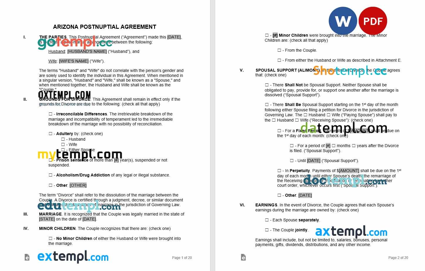 free download arizona postnuptial agreement example, Word and PDF format