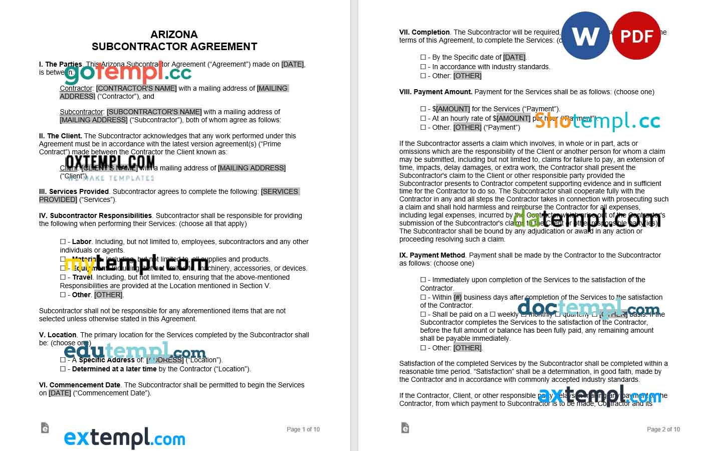 free download arizona subcontractor sgreement example, Word and PDF format