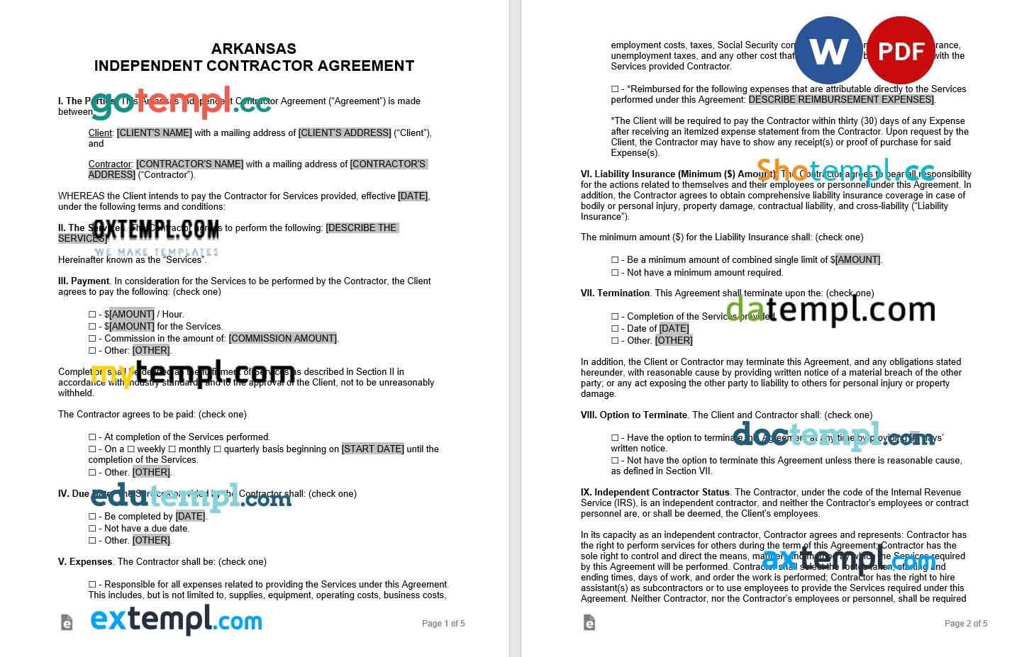 free download arkansas independent contractor agreement example, Word and PDF format