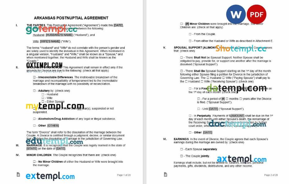 free download arkansas postnuptial agreement example, Word and PDF format