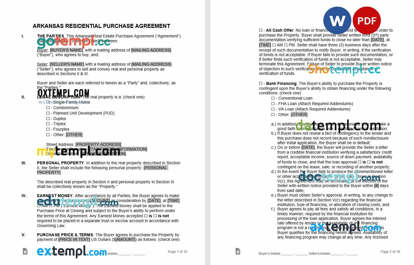 free download arkansas residential real estate purchase agreement example, Word and PDF format