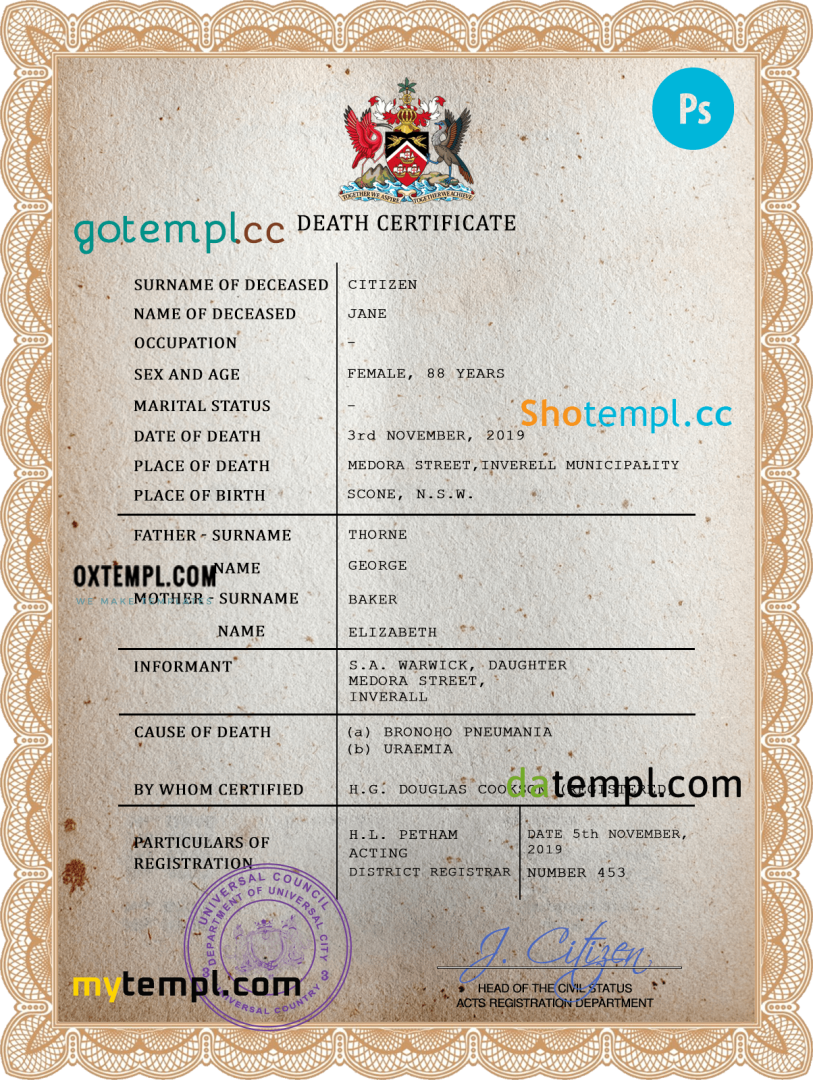 # arms acclaimed death universal certificate PSD example, completely editable