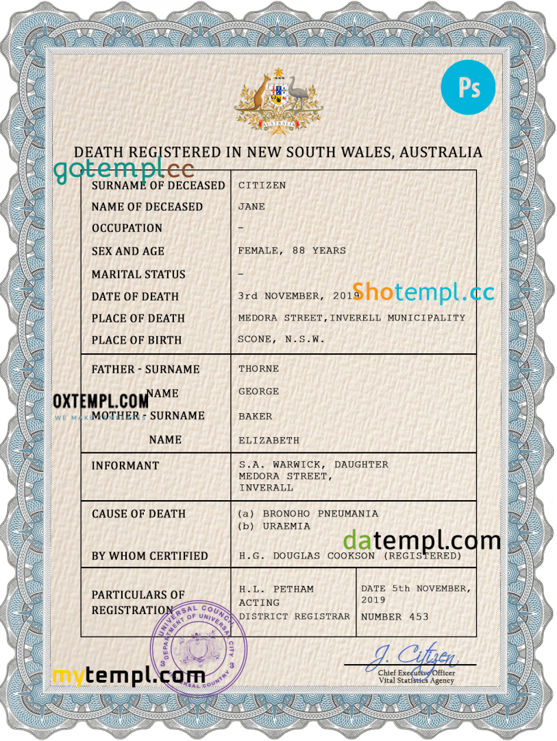 # arms unity death universal certificate PSD example, completely editable