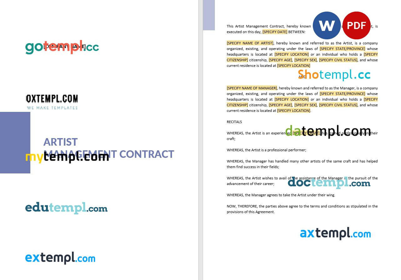 free download artist management contract example, Word and PDF format