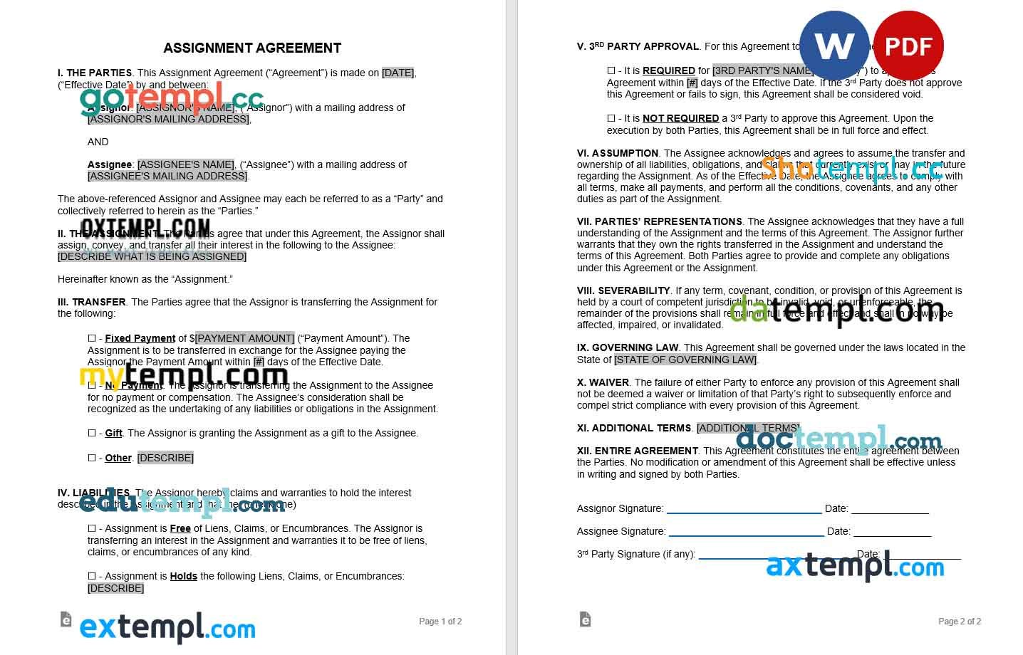 free download assignment agreement form example, Word and PDF format