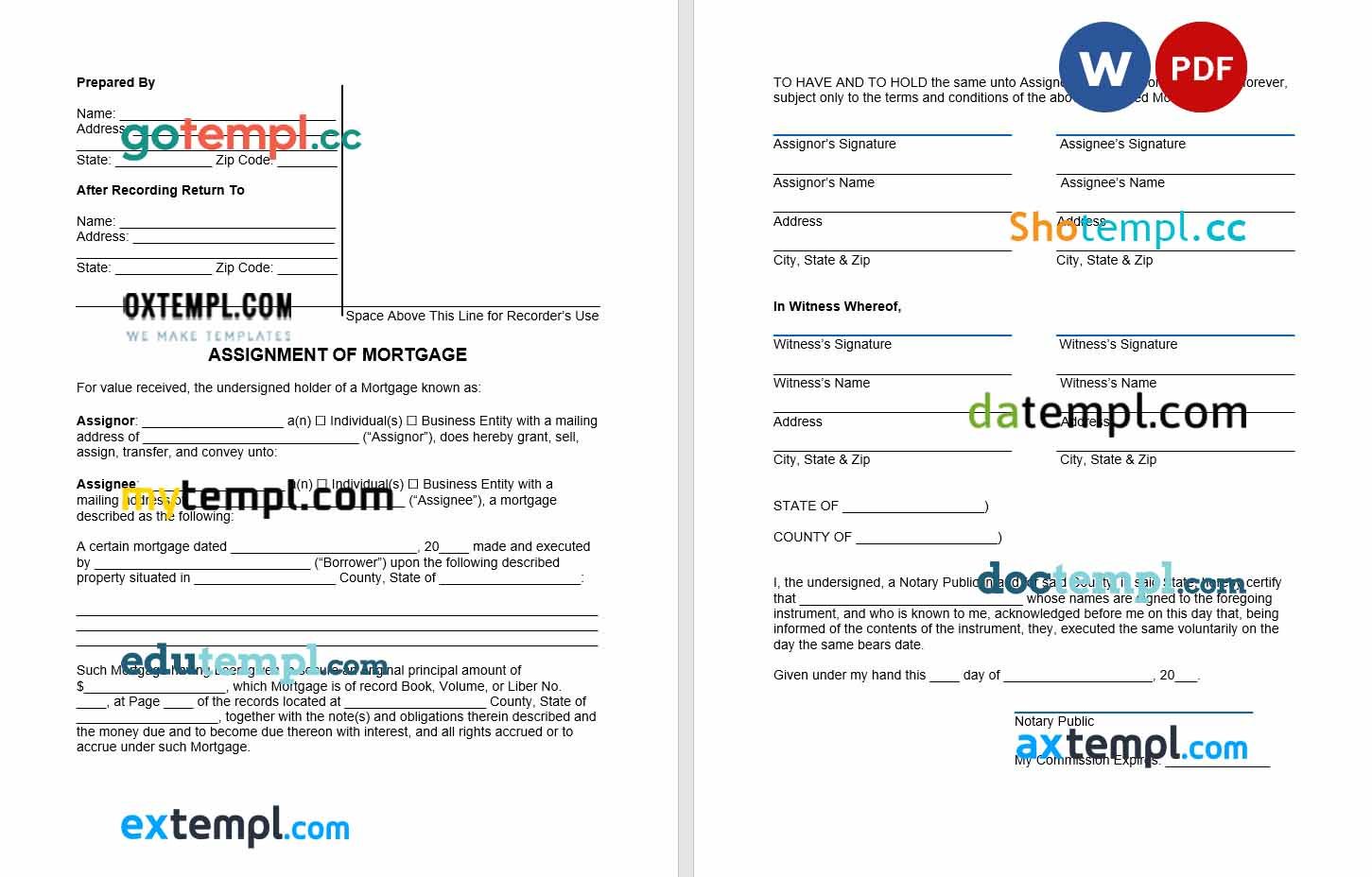 free download assignment of mortgage example, Word and PDF format