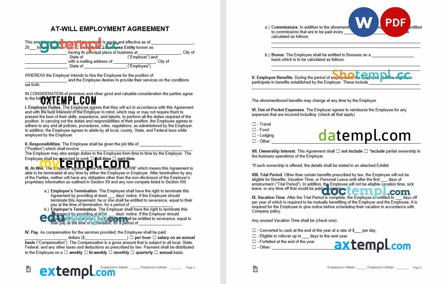 free download at will employment contract example, Word and PDF format