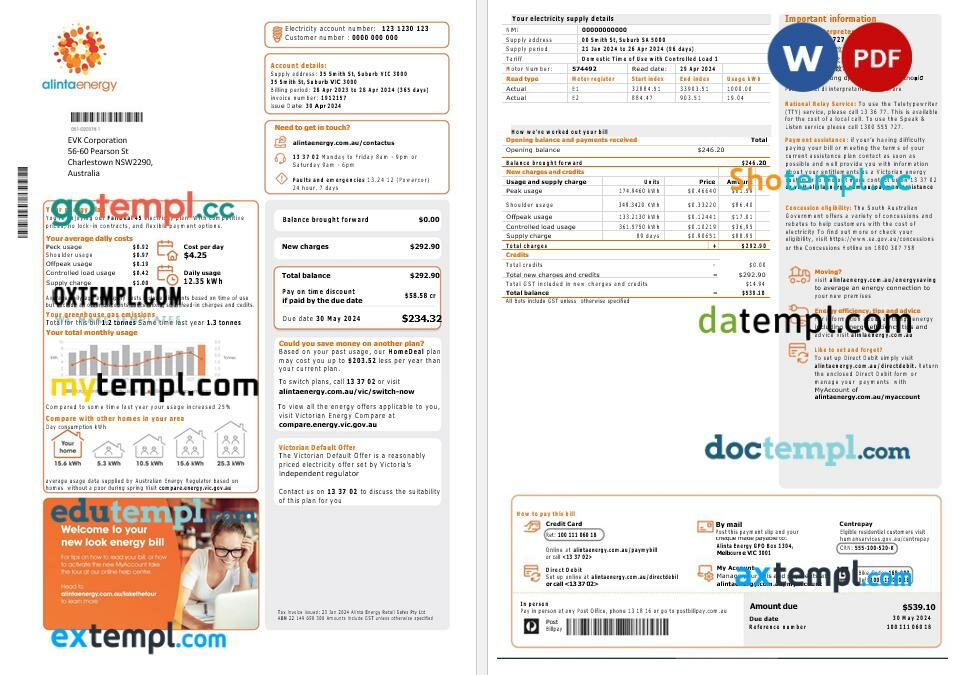 Australia Alinta Energy electricity business utility bill template in Word and PDF formats, 2 pages