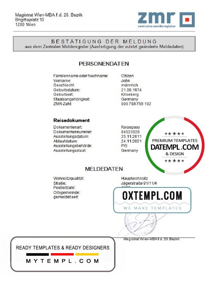 Austrian ZMR Zentrales Melderegister Central register of residents document example in Word format