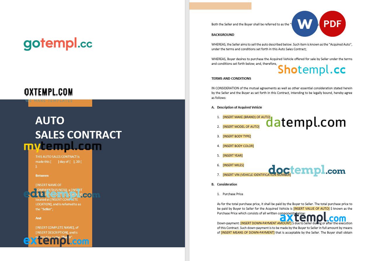 free download auto sales contract example, Word and PDF format