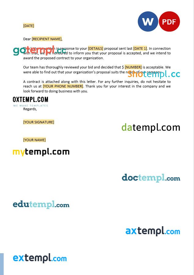 free download awarding contract letter example, Word and PDF format