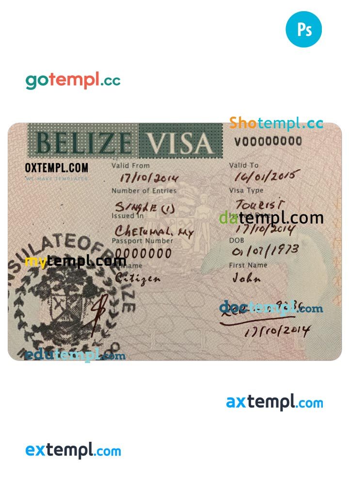 Belizean travel visa PSD example, with fonts