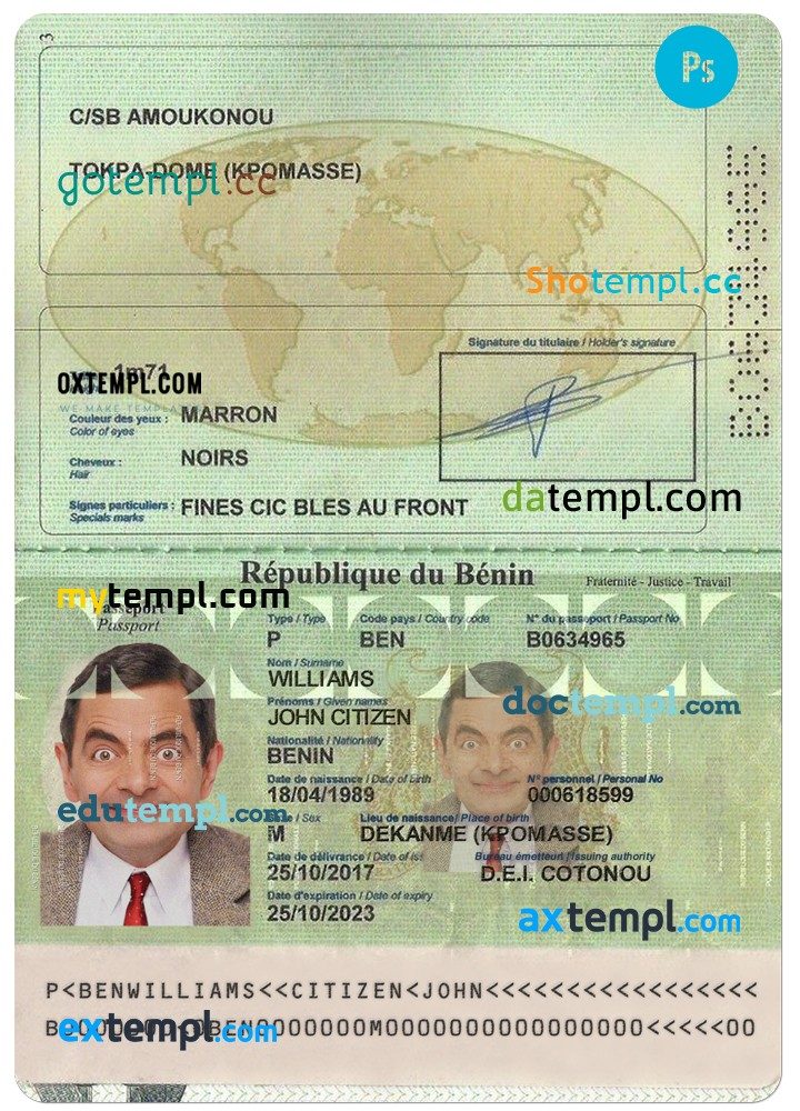 Beninois passport PSD example, completely editable