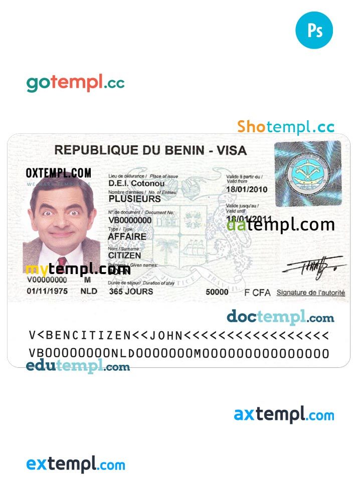 Beninois travel/entry visa PSD example, with fonts