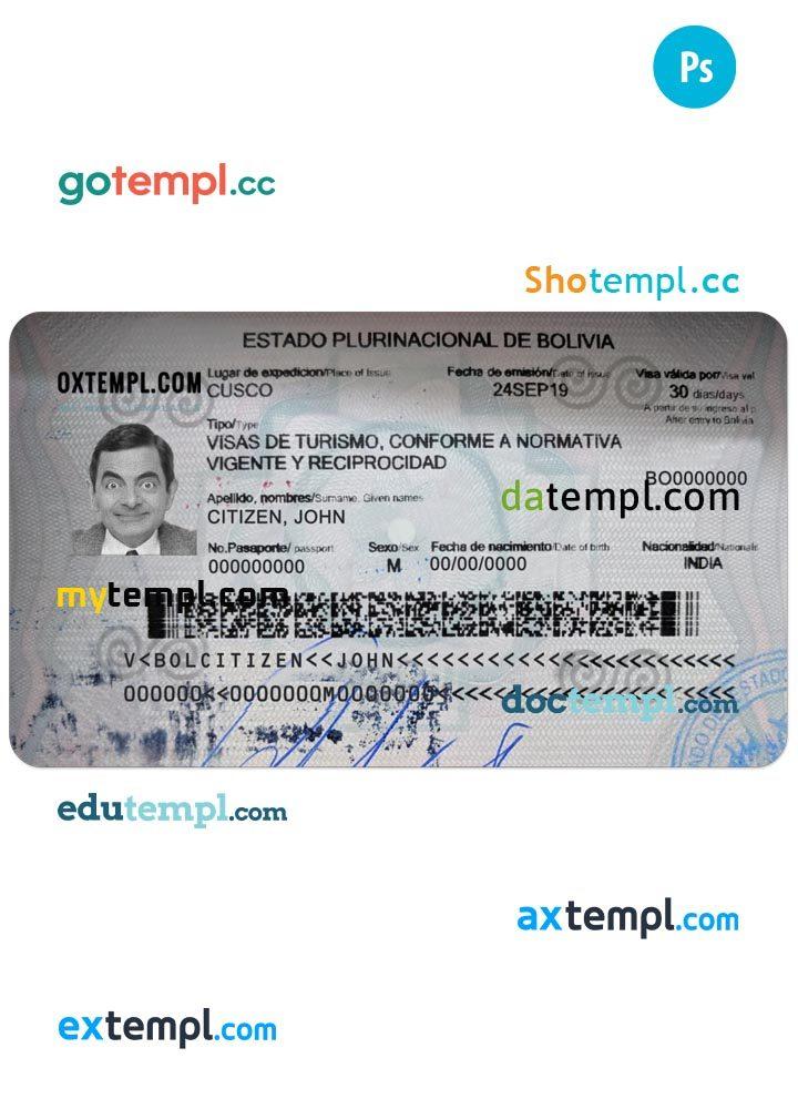 Bolivian travel visa PSD example, with fonts