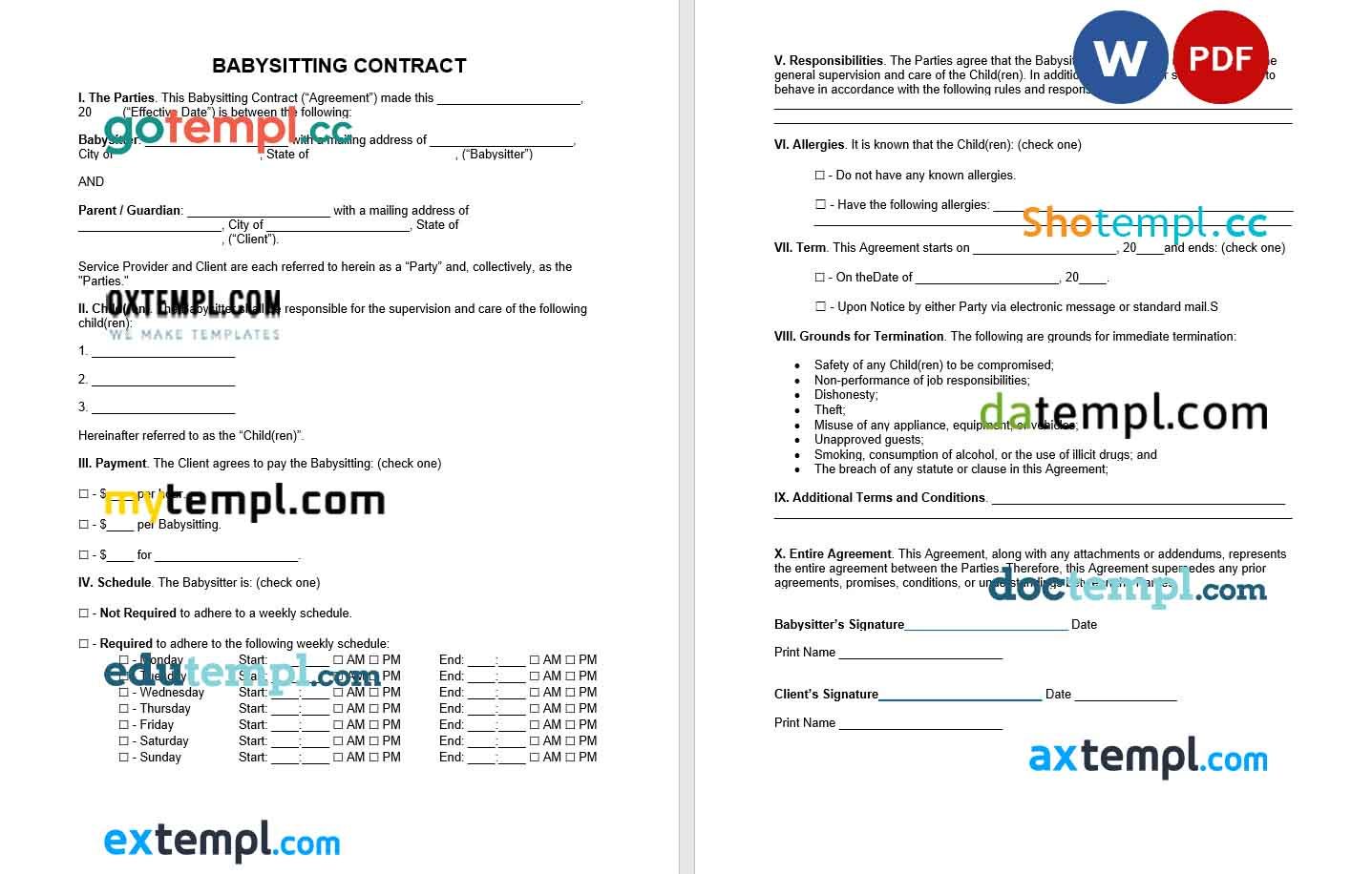 free download babysitting contract example, Word and PDF format