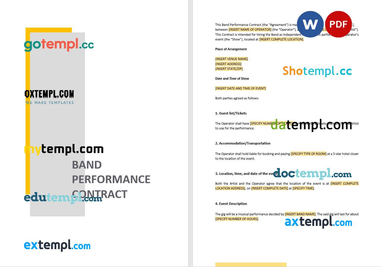 free download band performance contract example, Word and PDF format