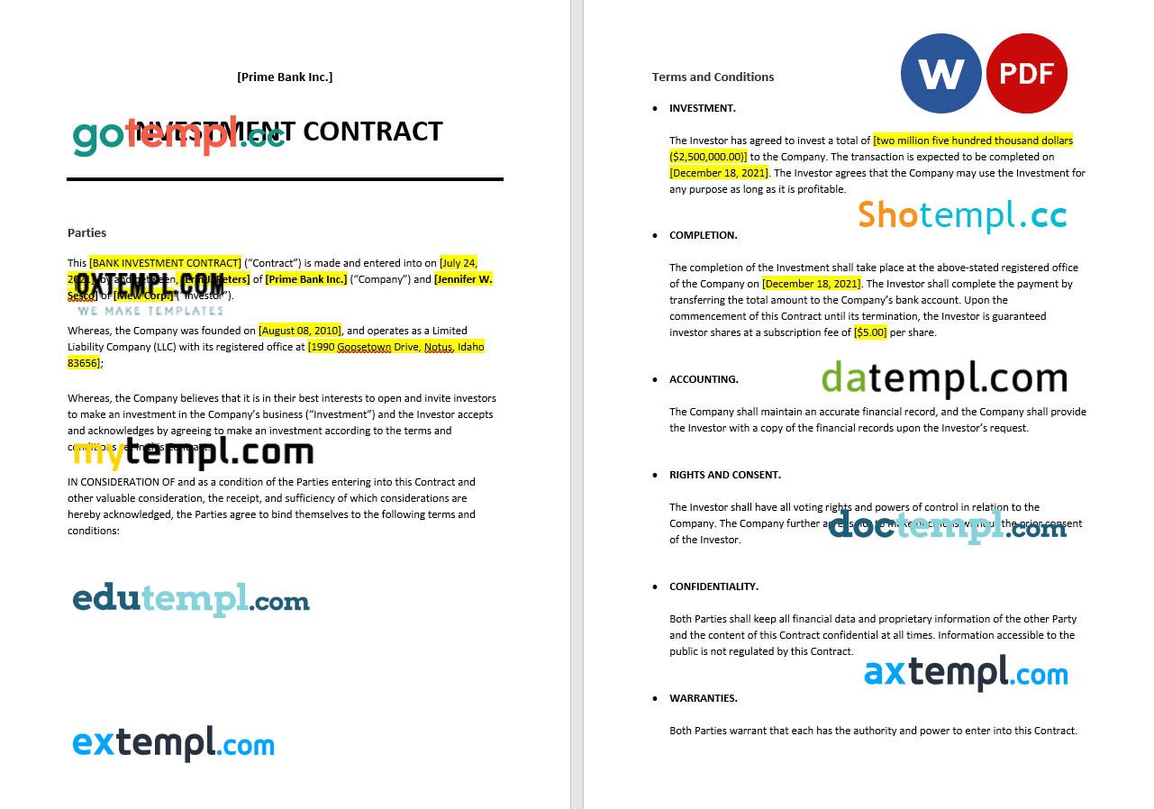 free download bank investment contract example, Word and PDF format