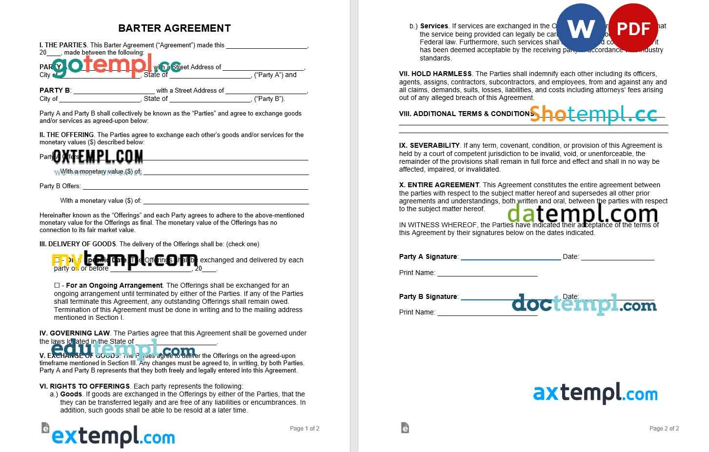 free download barter agreement example, Word and PDF format