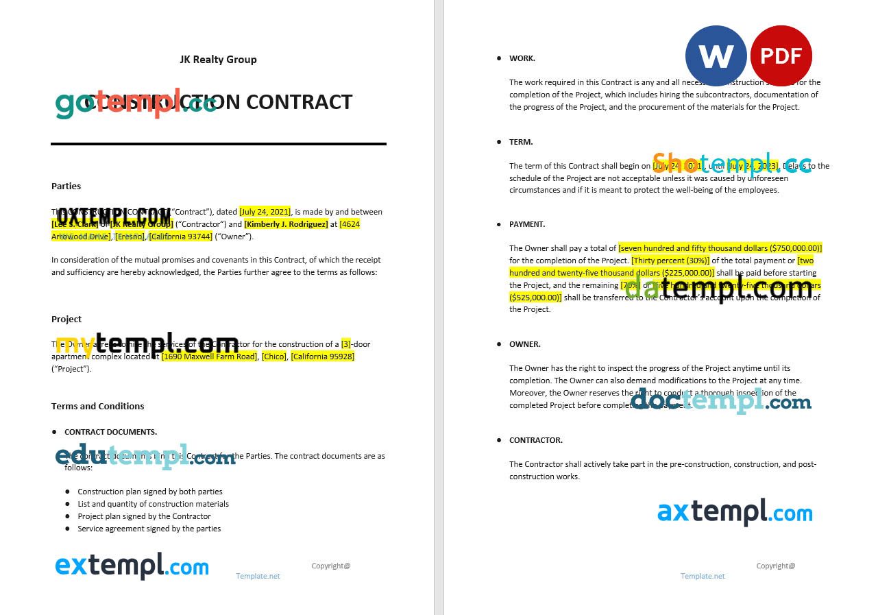 free download basic construction contract example in Word and PDF format