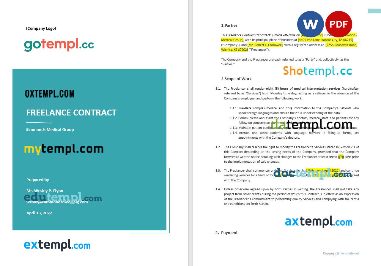 free download basic freelance contract example, Word and PDF format