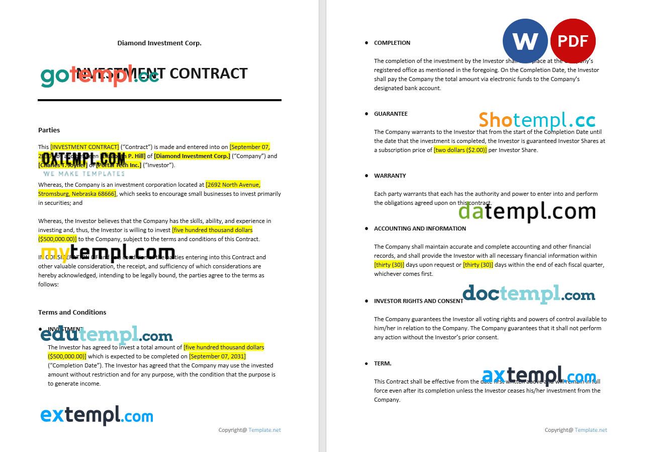free download basic investment contract example, Word and PDF format