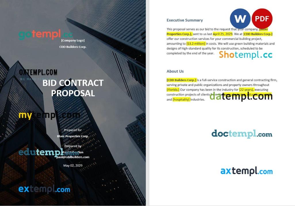 free download bid contract proposal example in Word and PDF format