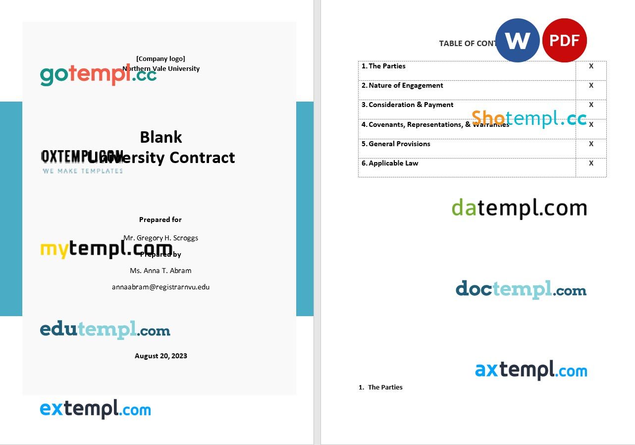 free download blank university contract example in Word and PDF format