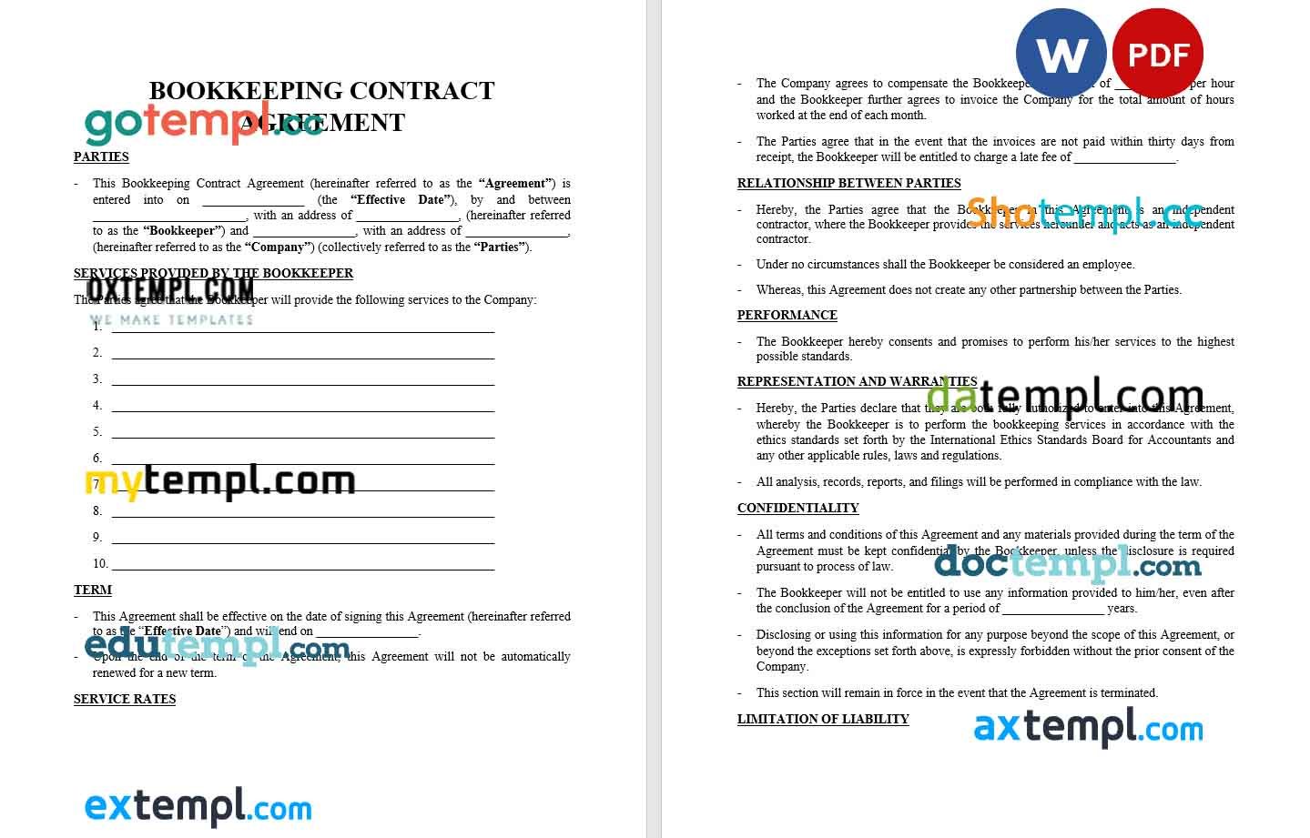free download bookkeeping contract agreement example, Word and PDF format