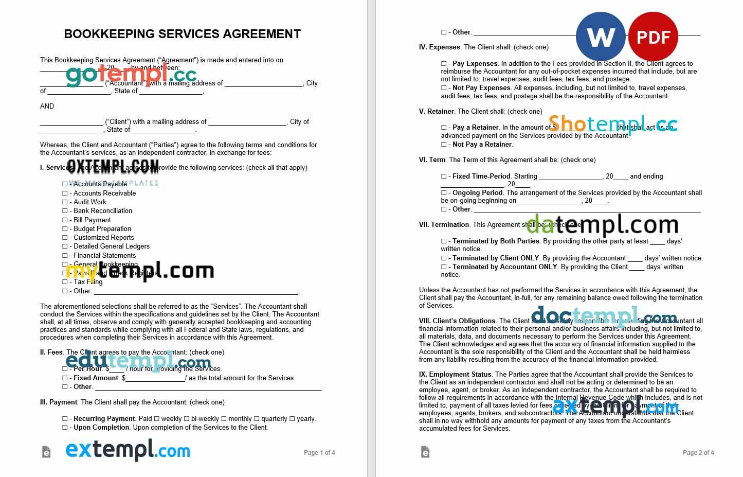 free download bookkeeping services agreement example, Word and PDF format