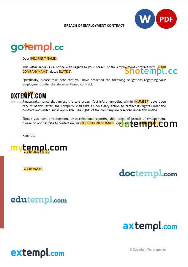 free download breach of employment contract letter example in Word and PDF format