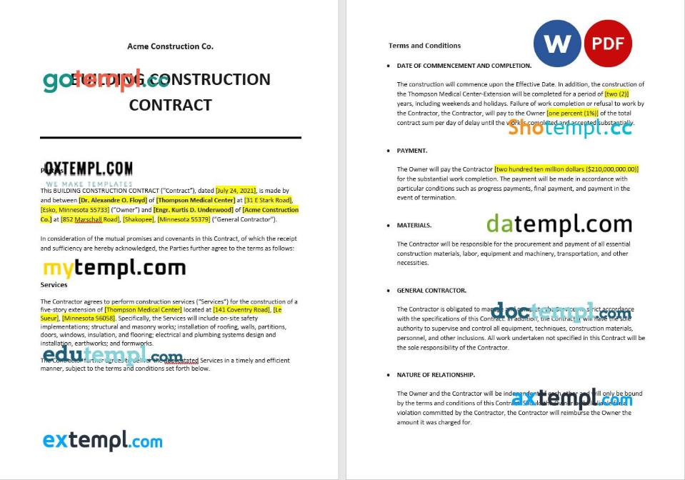 free download building construction contract example in Word and PDF format