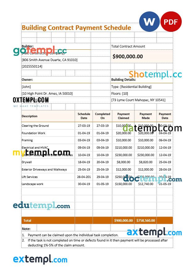 free download building contract payment schedule example in Word and PDF format