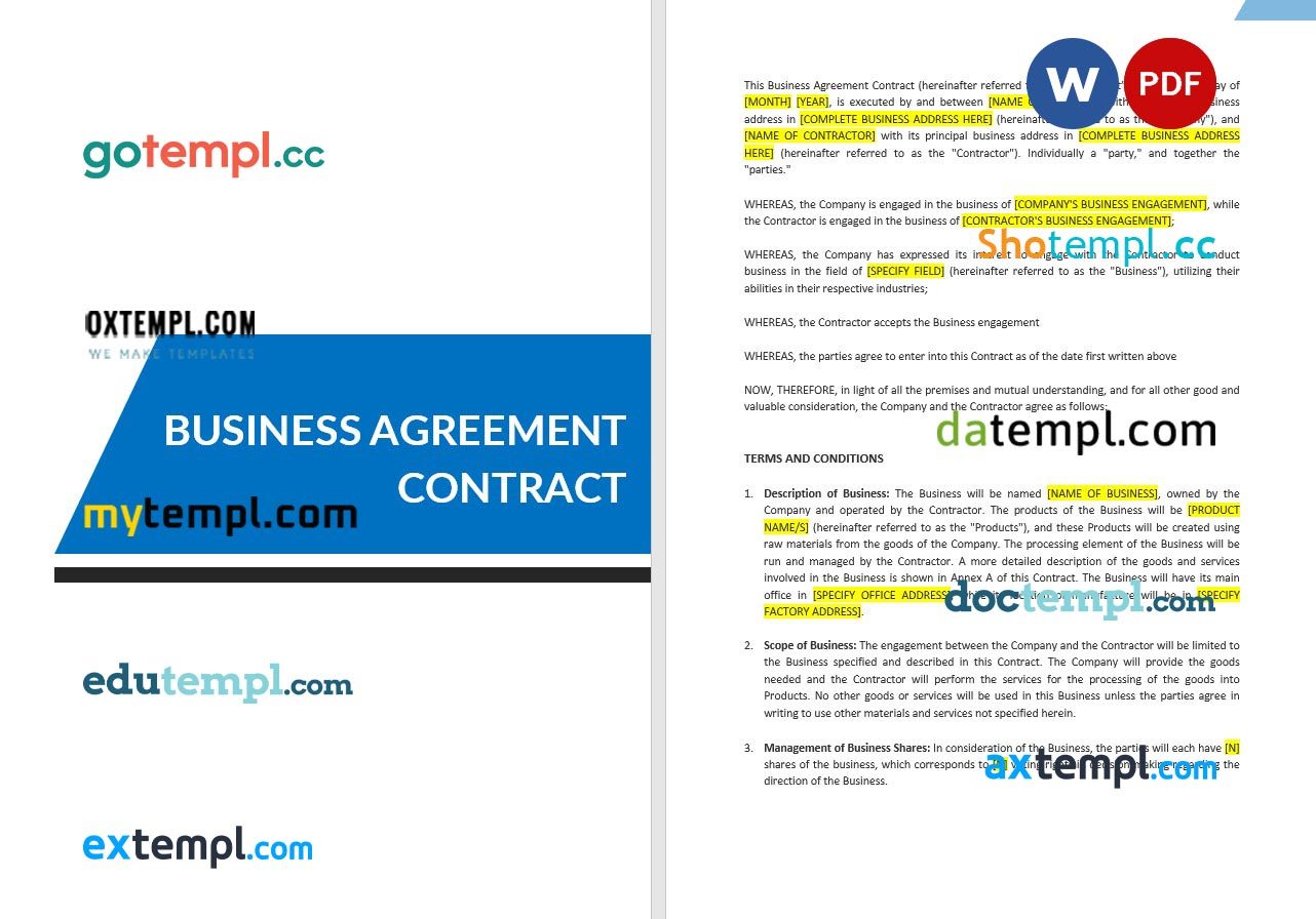 free download business agreement contract example in Word and PDF format