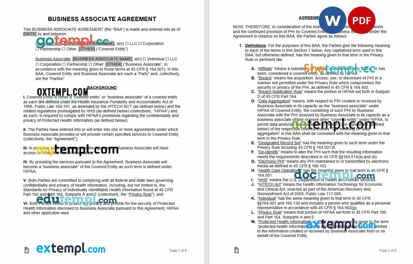free download business associate agreement HIPAA example, Word and PDF format