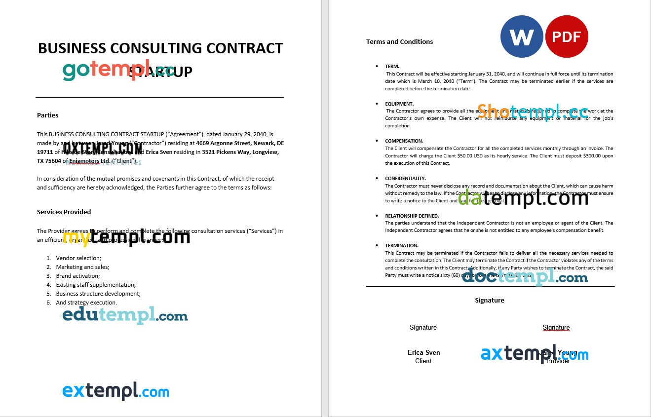 free download business consulting contract startup in Word and PDF format