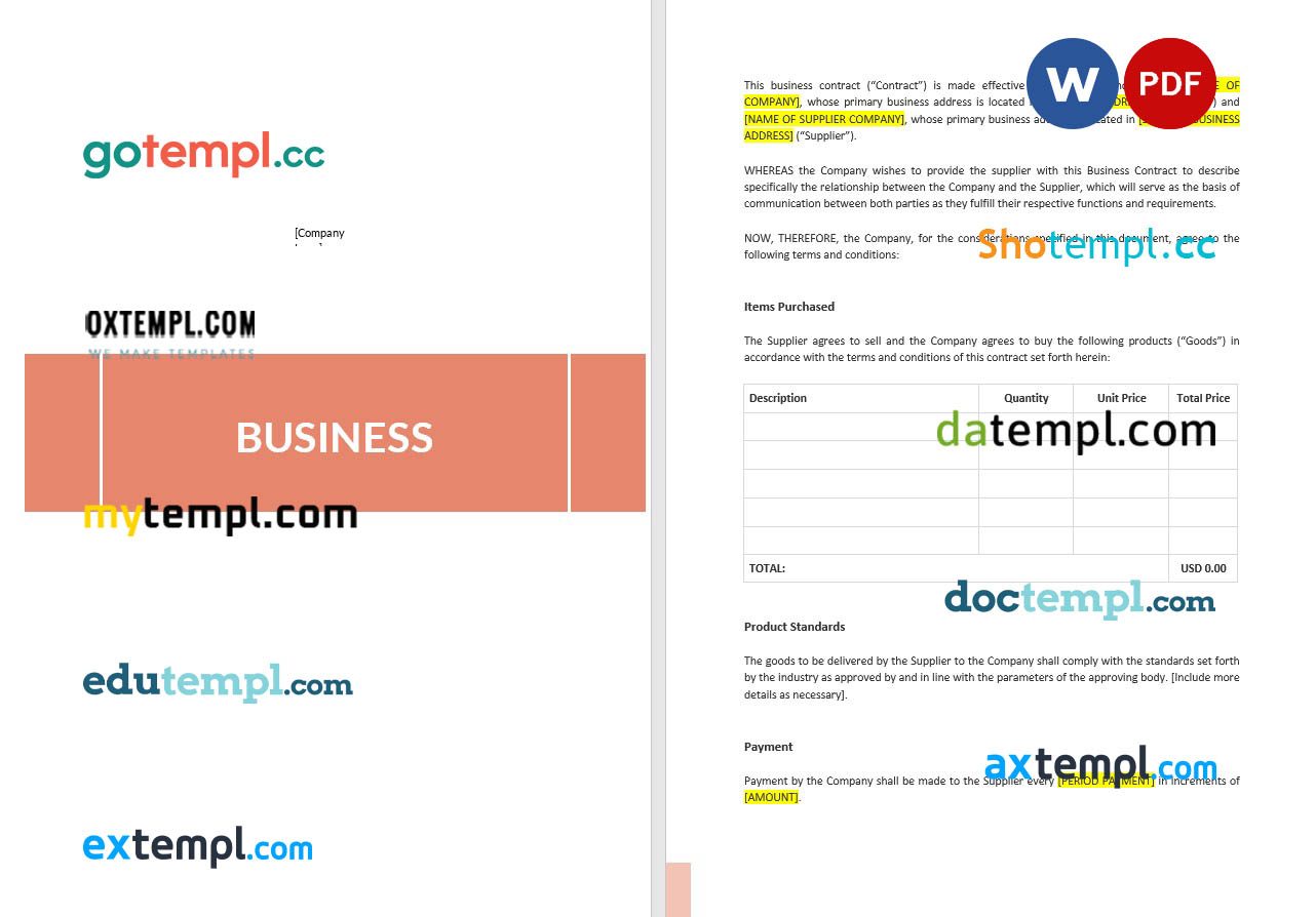 free download business contract example in Word and PDF format